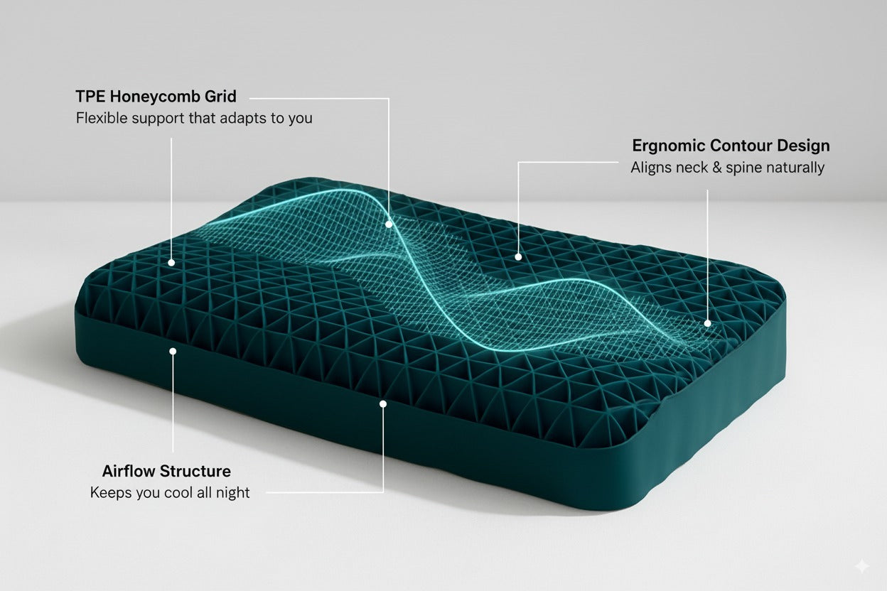 Cutaway of the Onyx pillow showing the TPE honeycomb grid, ergonomic contour, and airflow structure