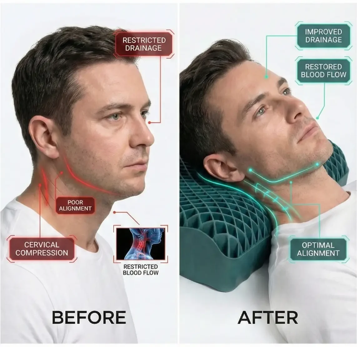 Before and after comparison showing neck compression on a flat pillow versus optimal alignment on the Onyx pillow.