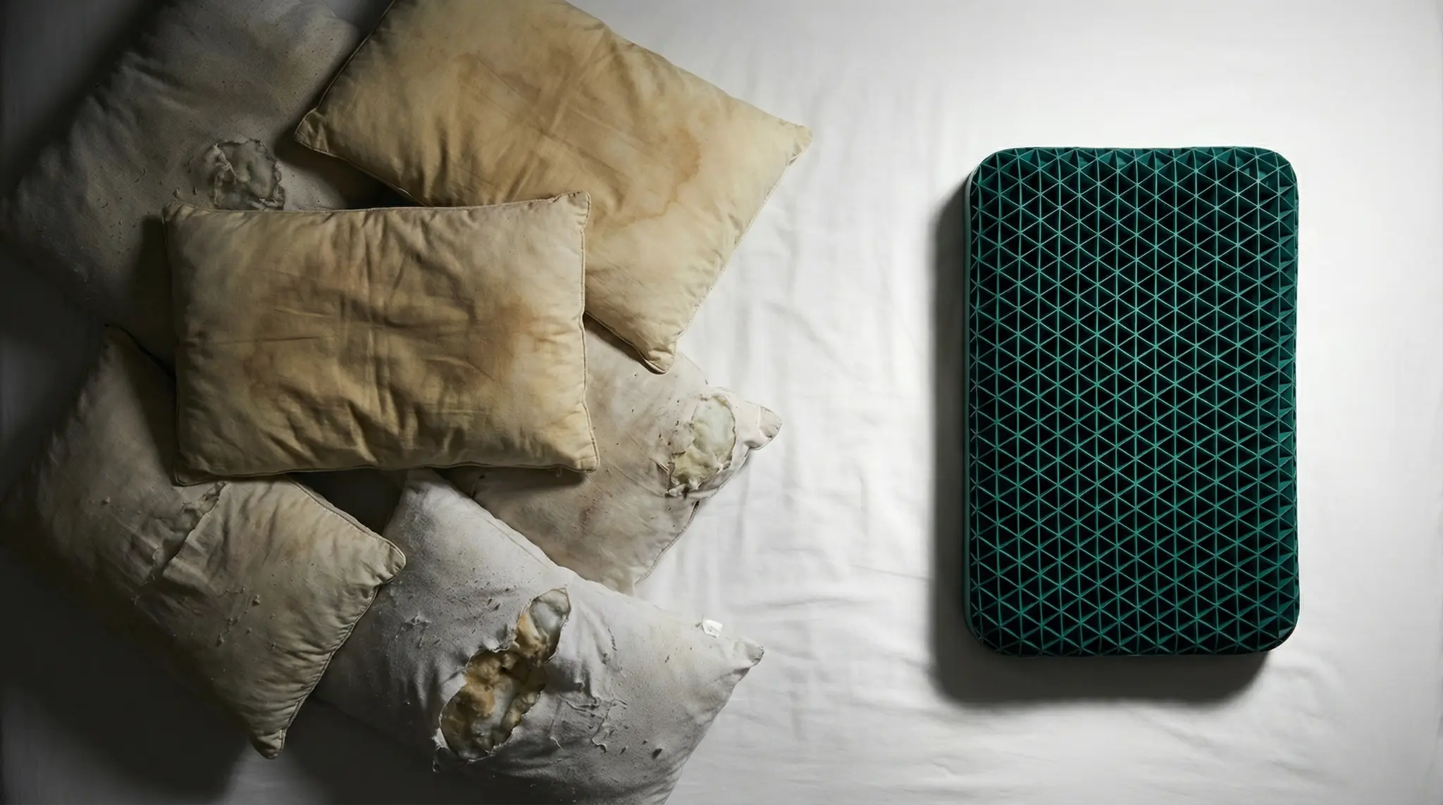 Side-by-side comparison: old worn flat pillow next to new Onyx grid pillow.